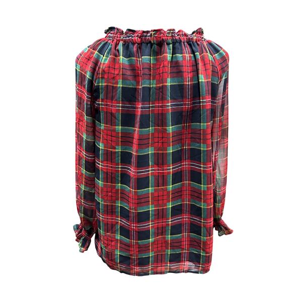 Talbots Christmas Top Blouse Red Black Green Plaid Sheer Ruffle S Holiday Party - Picture 5 of 10